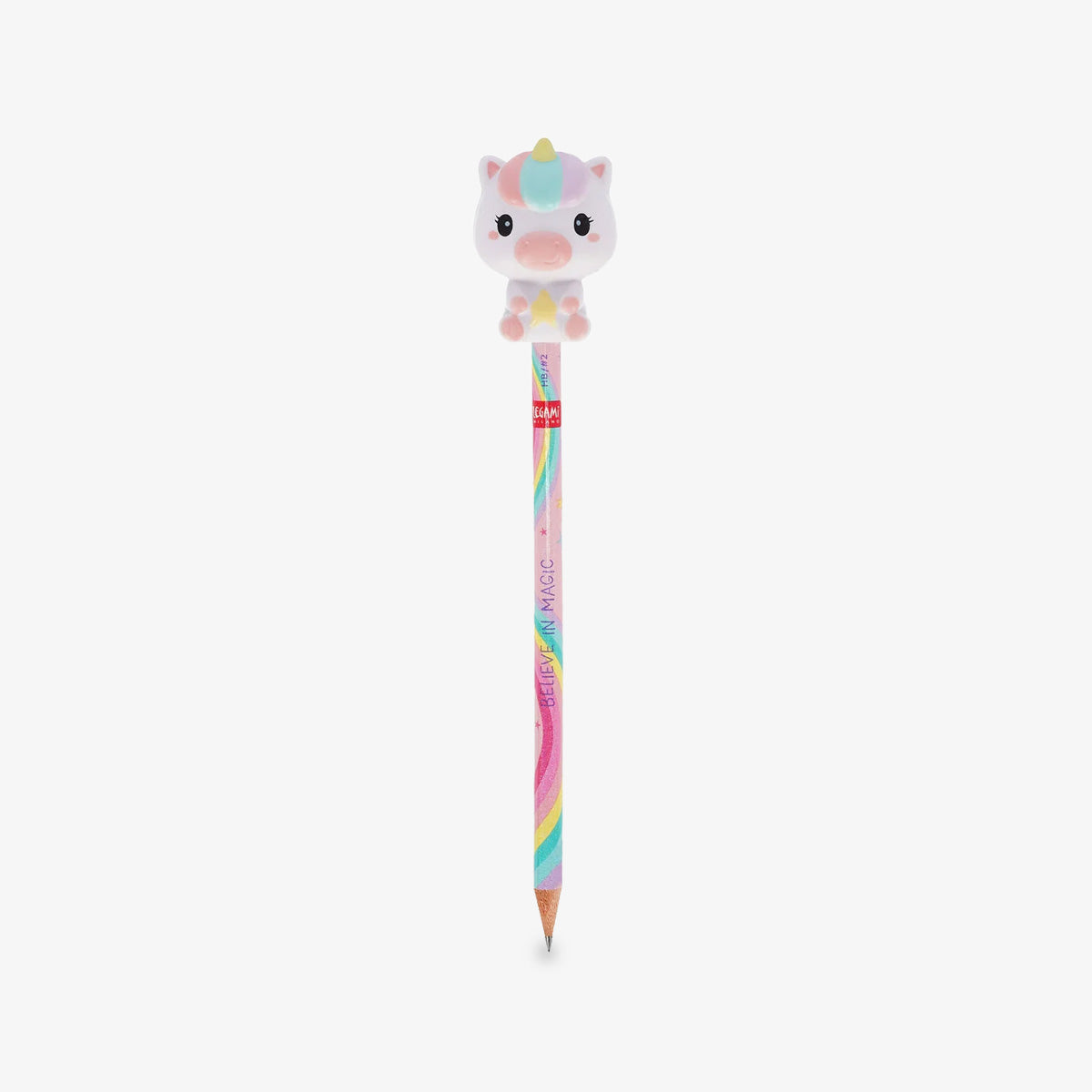 A pastel-colored pencil with a cute cartoon unicorn squishy character on top, set against a plain light gray background.