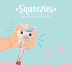 Unicorn-shaped pencil with squishy texture held by a hand on a light blue background with stars.