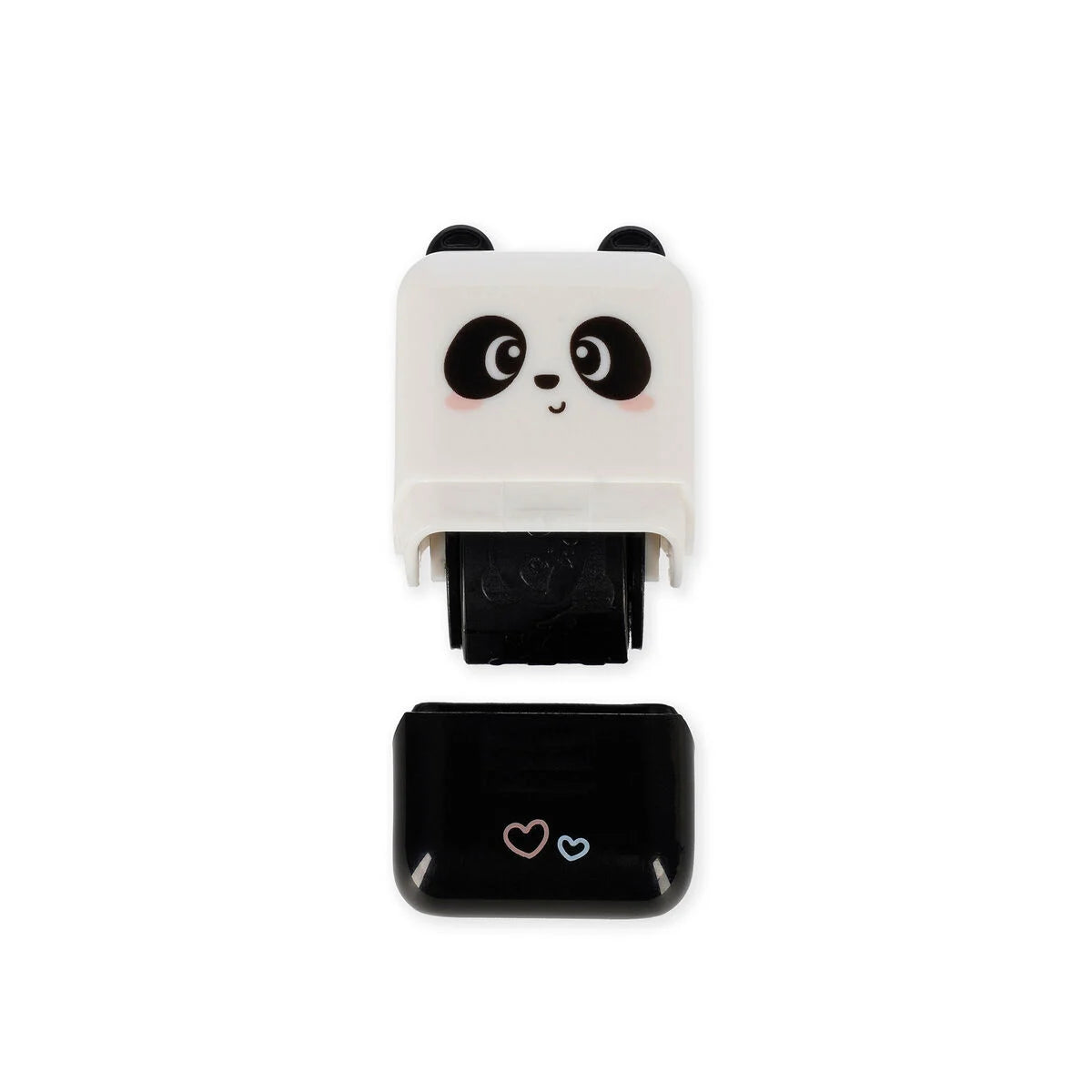 Panda-shaped black and white roller stamp on a white background