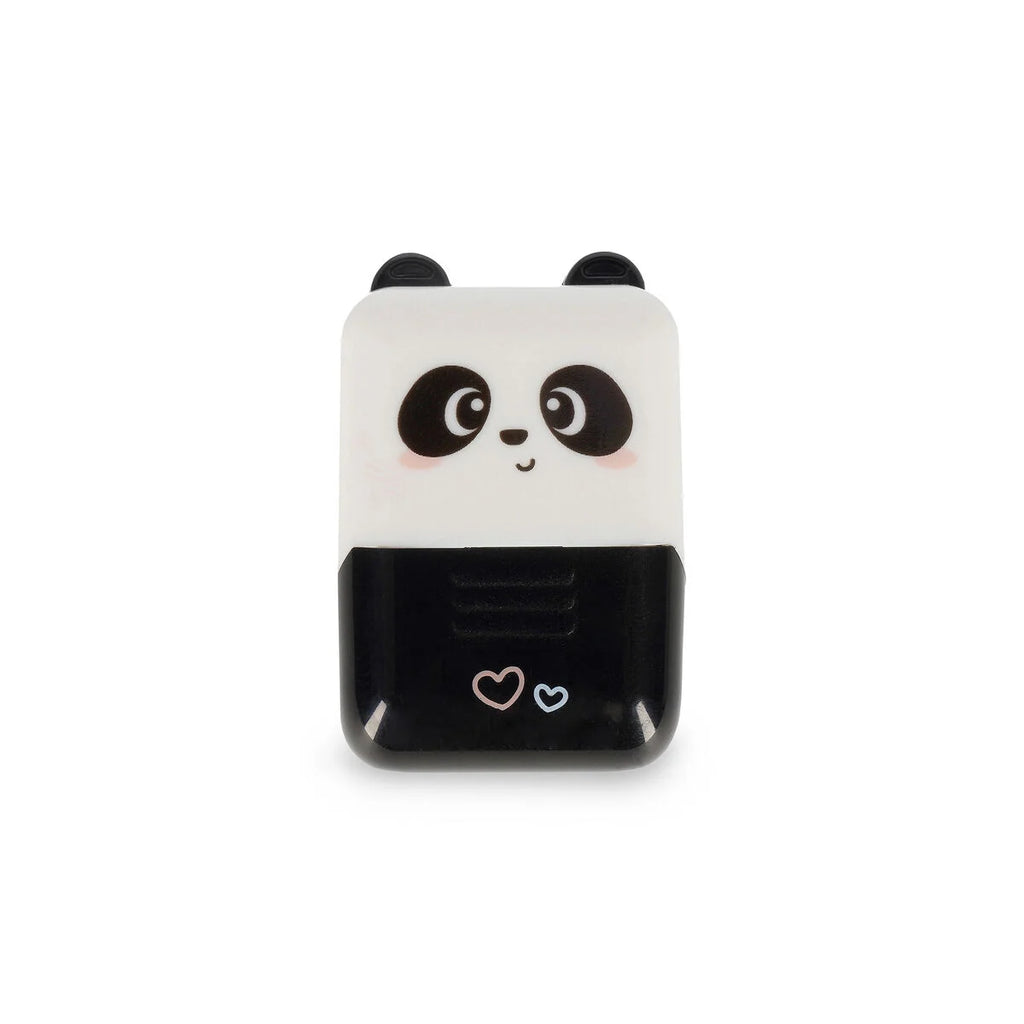 Panda-shaped roller stamp with a white face and black body on a white background