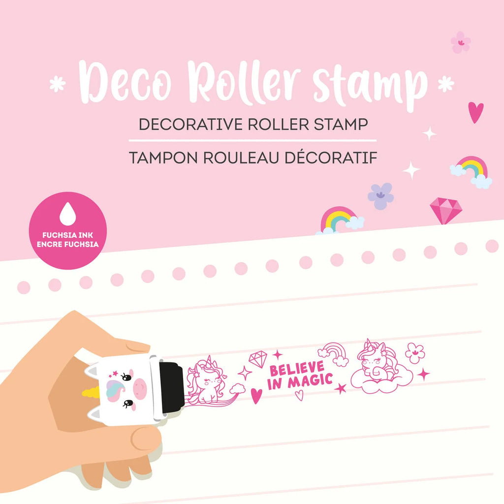 Decorative roller stamp with fuchsia ink on a pink background