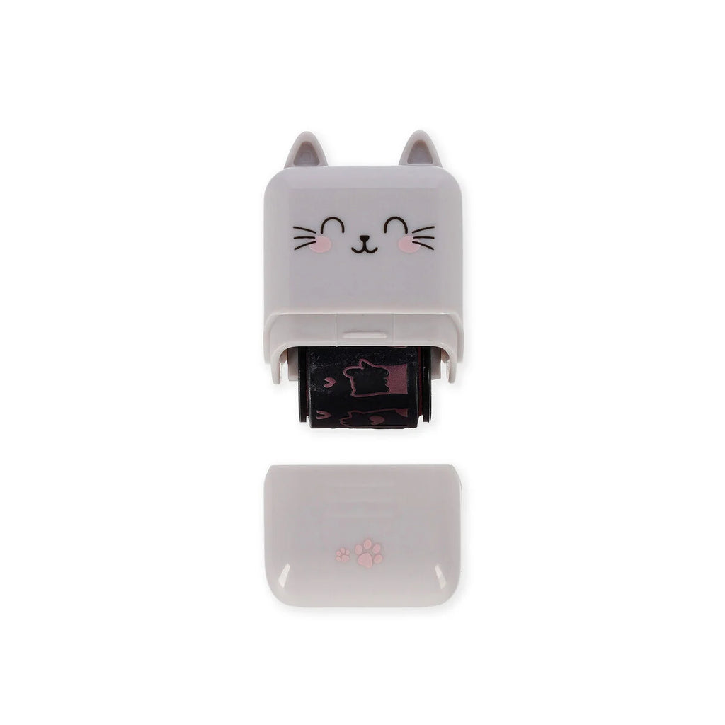 Cat-shaped roller stamp on a white background