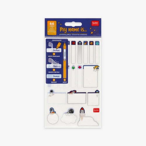 A package of 66 desk accessories and planner adhesive labels with protective film by Legami Milano in packaging and on a grey background
