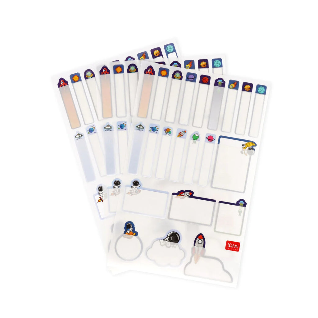 A colorful set of name labels with protective film with various space designs on a white background