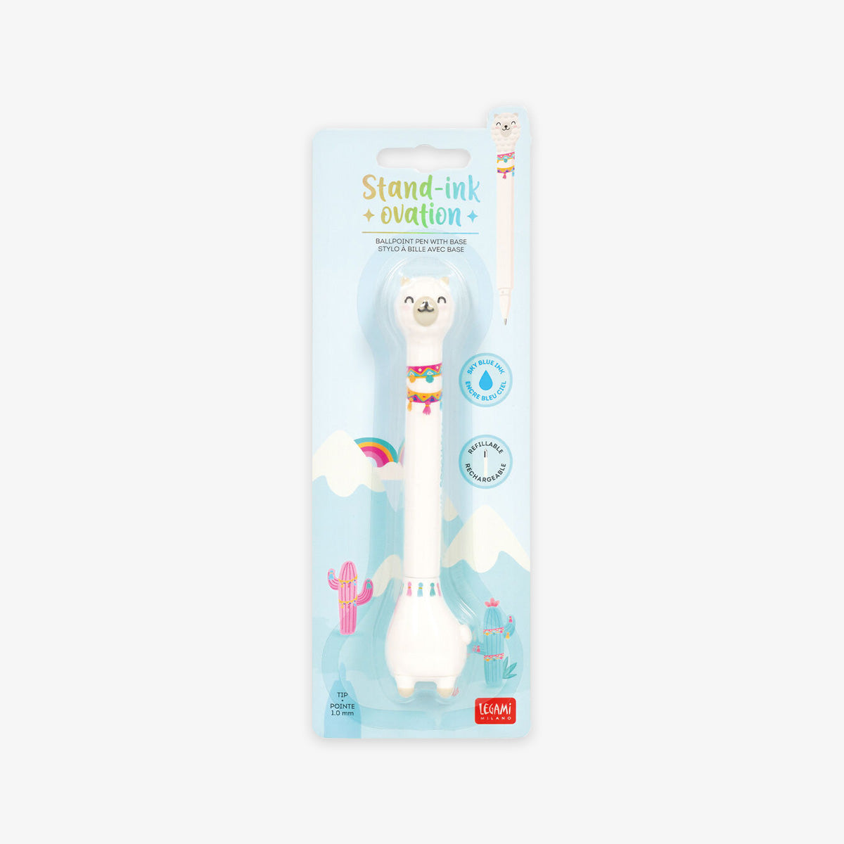 Unicorn-shaped ballpoint pen with base in packaging on a grey background