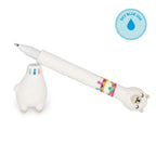 Unicorn-shaped ballpoint pen with base and a sky blue ink indicator on a white background