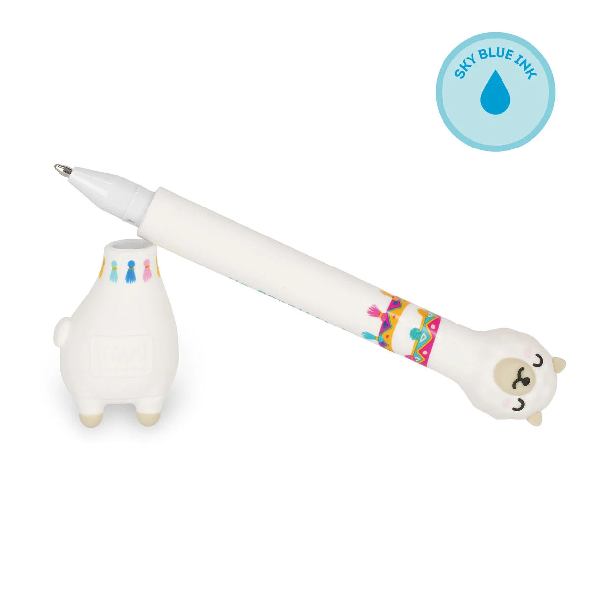 Unicorn-shaped ballpoint pen with base and a sky blue ink indicator on a white background