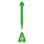Green dino-shaped pen with base on a white background