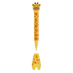 Giraffe-shaped pen with a matching yellow stand on a white background