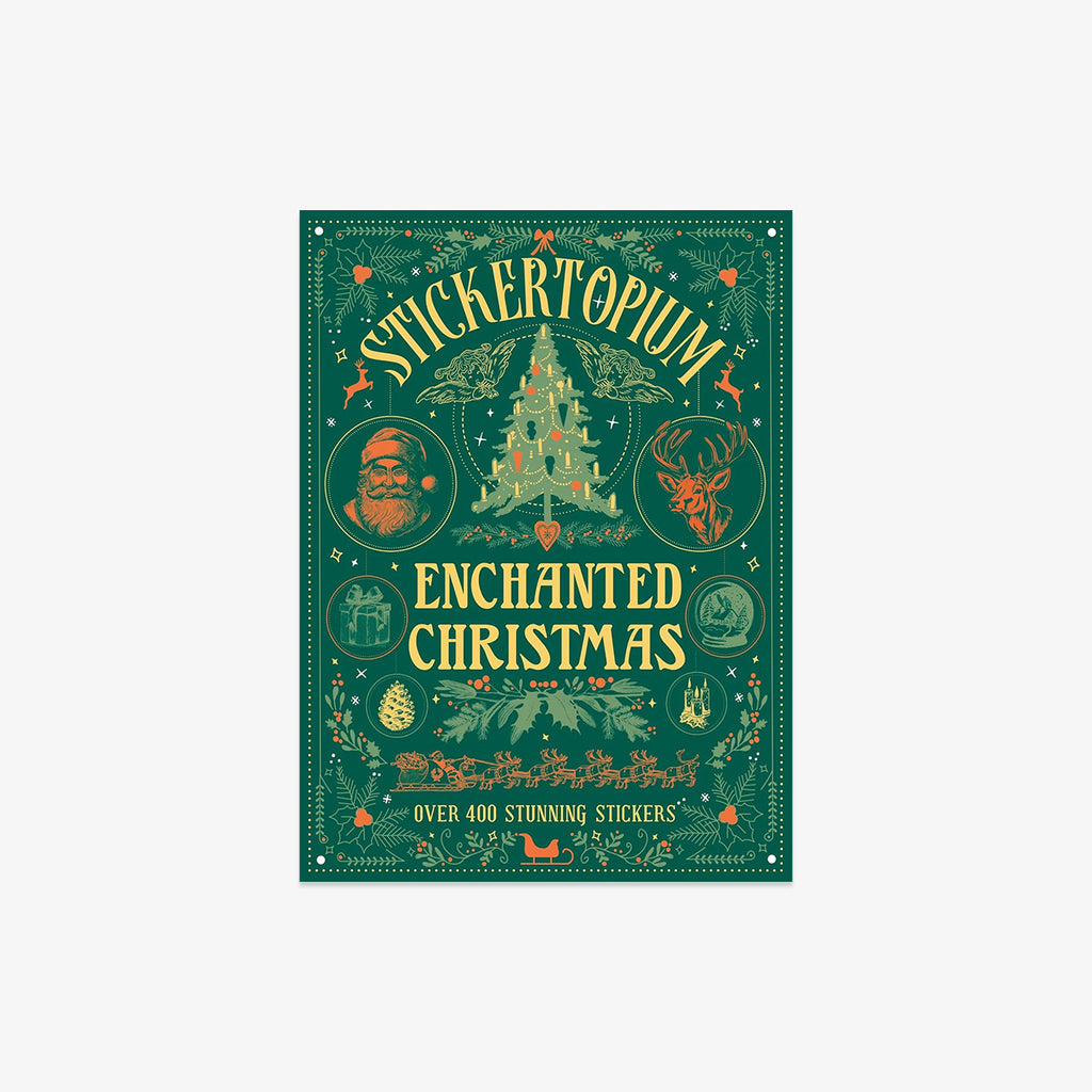 Sticker book cover titled 'Enchanted Christmas' by Stickertopium with festive illustrations on a green background.