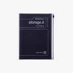Black A5 notebook with 'temporary storage.it' branding on a white background