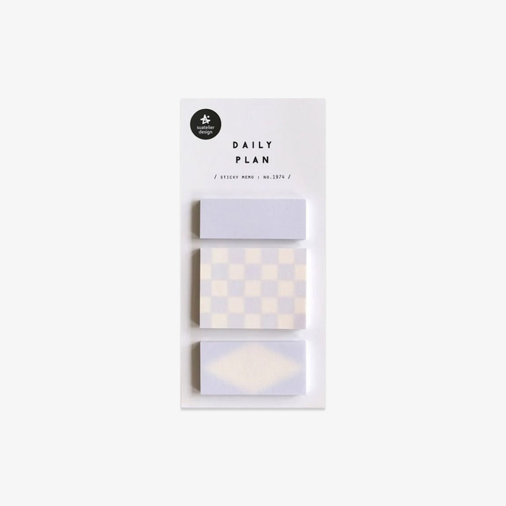 Pack of 'Daily Plan' sticky notes with geometric designs on a white background