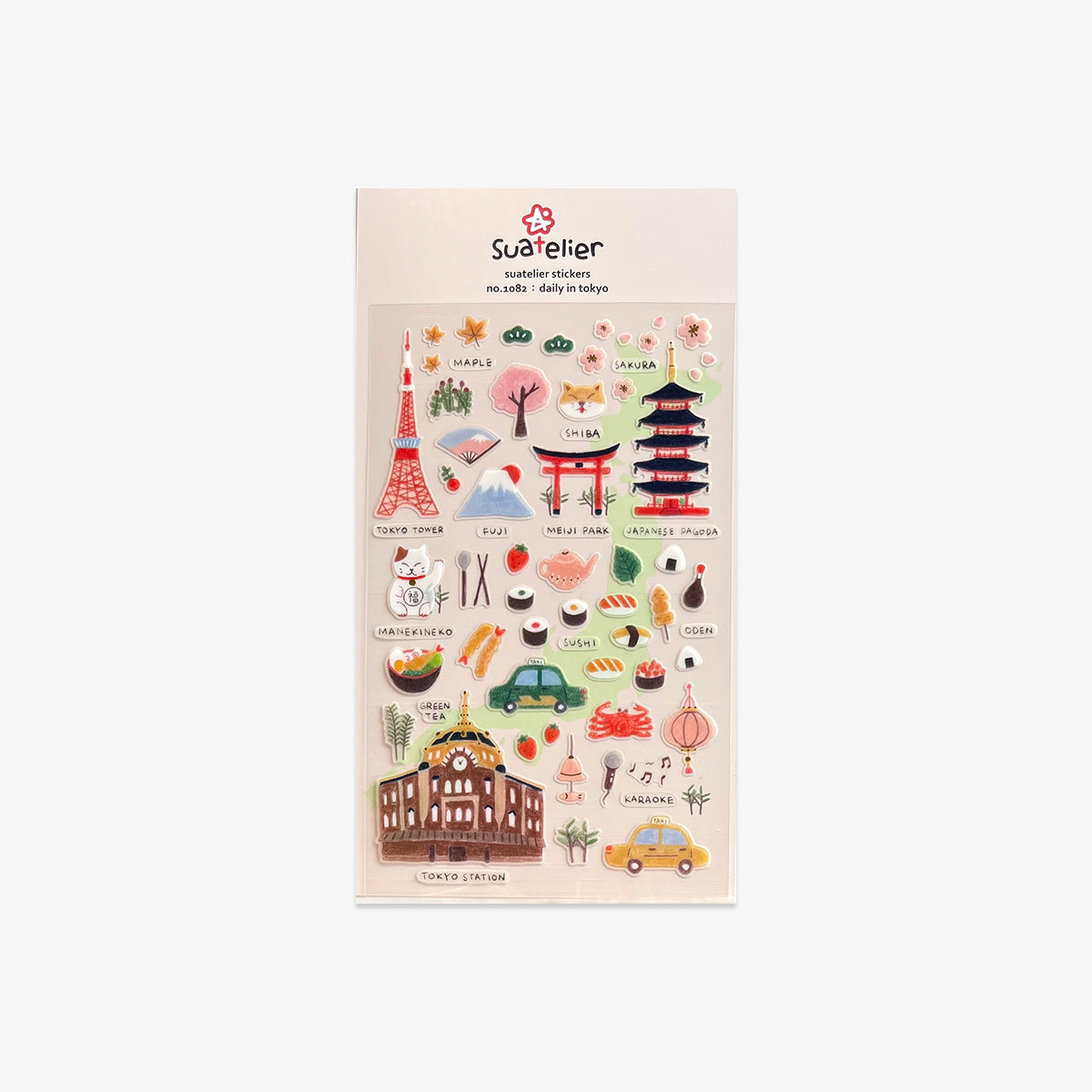 Sheet of illustrated tokyo stickers with various icons on a white background