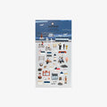 Sticker sheet with ocean village illustrations on a blue and white background