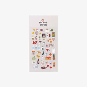 Sheet of decorative stickers with various designs from markets on a white background