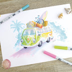 Colorful drawing of a van with surfboard and palm trees on paper with markers and shells.