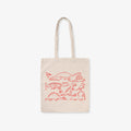 Beige tote bag with red dinosaur illustrations on a white background
