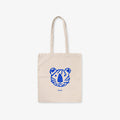 Beige tote bag with blue tiger face design on a white background