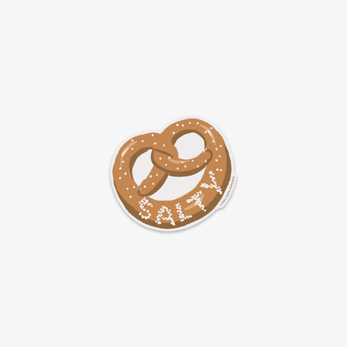 Vinyl sticker of a pretzel with 'Salty' text on a white background