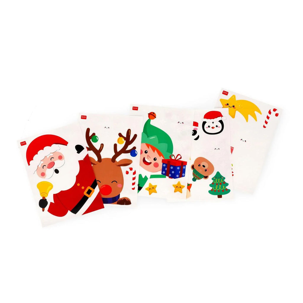 Set of Christmas-themed window stickers featuring Santa Claus, reindeer, elves, and other holiday characters on a white background.