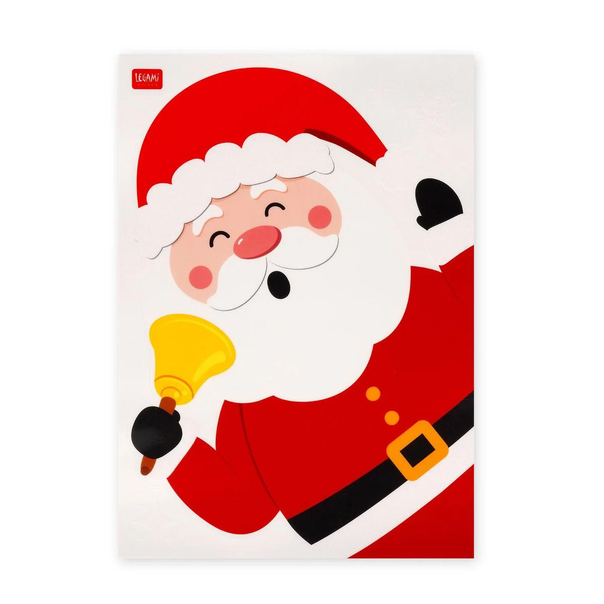 Window sticker with Cartoon Santa Claus holding a yellow bell on a white background