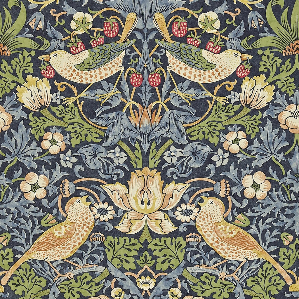 Decorative fabric pattern with birds, flowers, and leaves on a dark blue background