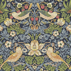 Decorative fabric pattern with birds, flowers, and leaves on a dark blue background