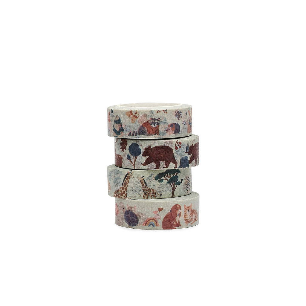 Four rolls of decorative tape with various animal patterns on a white background