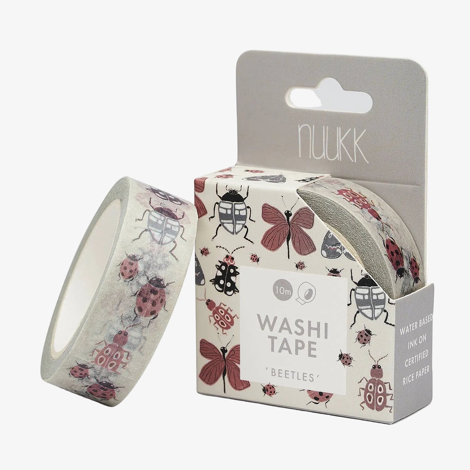 Washi tape with beetle design and packaging on a white background
